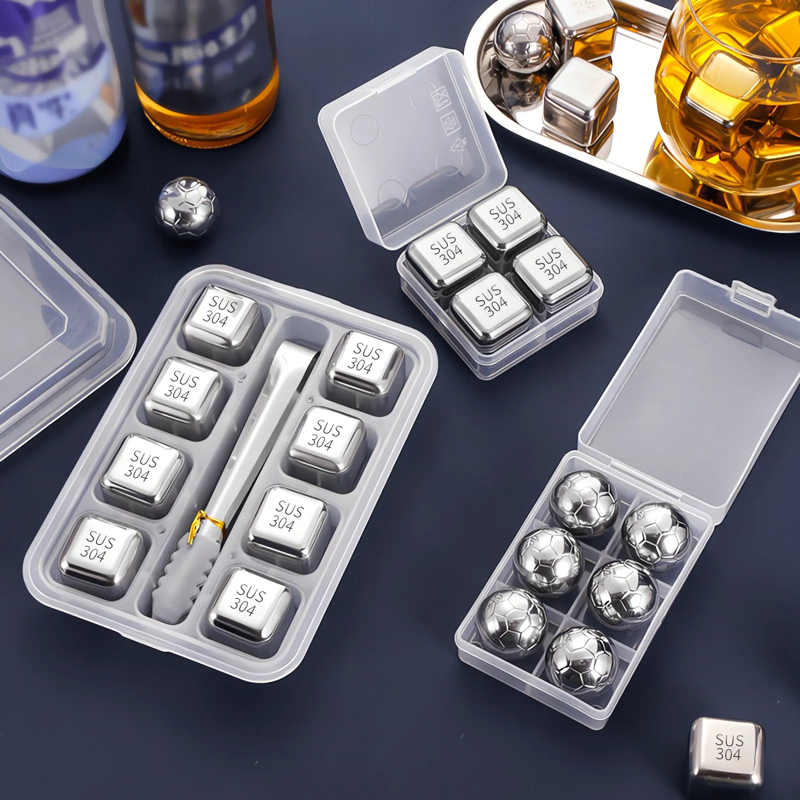 Reusable 304 Stainless Steel Ice Cubes with Tongs