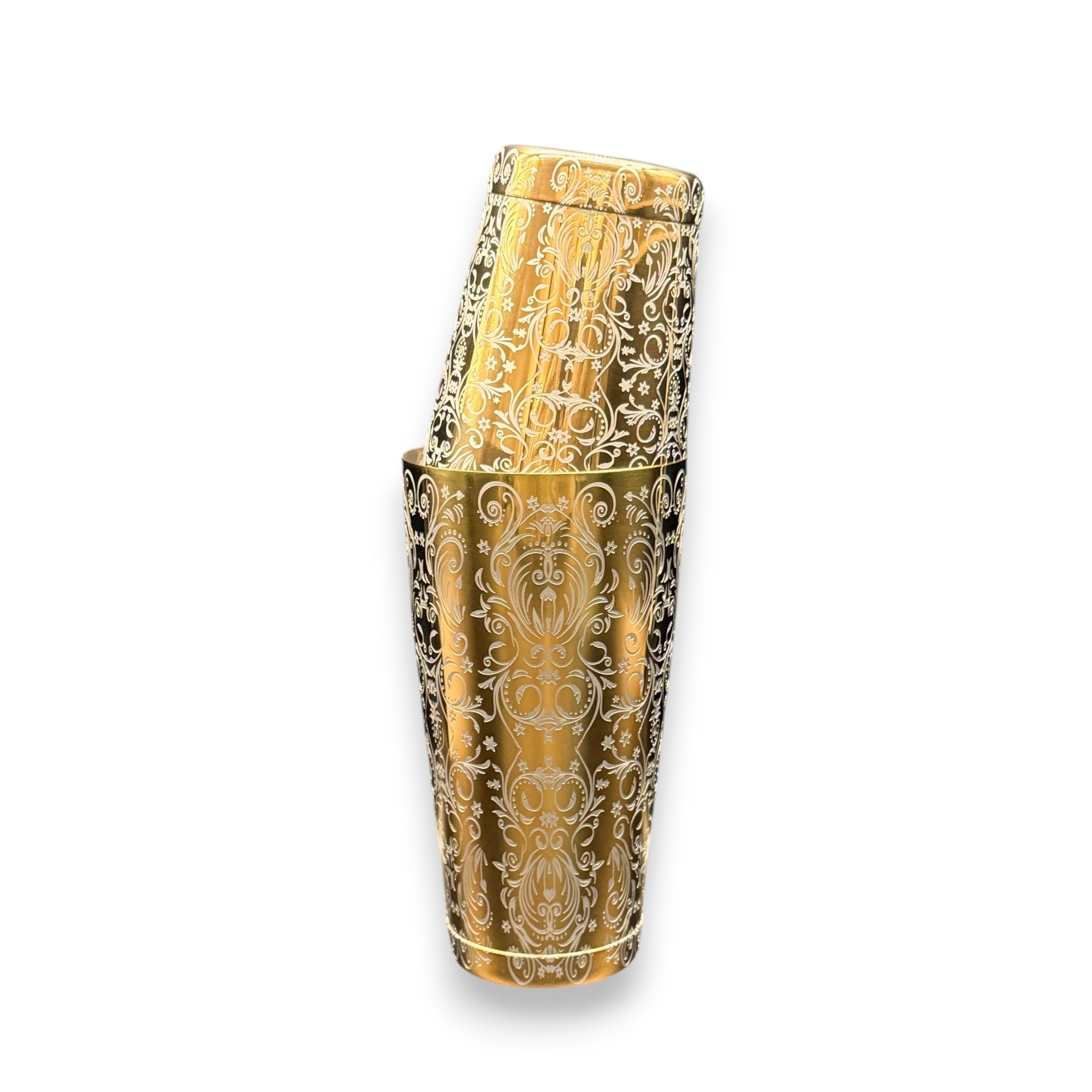 Baroque Bloom Boston Shaker - Professional 18oz & 28oz Ornate Floral Etched Cocktail Shaker(Electroplated Gold)
