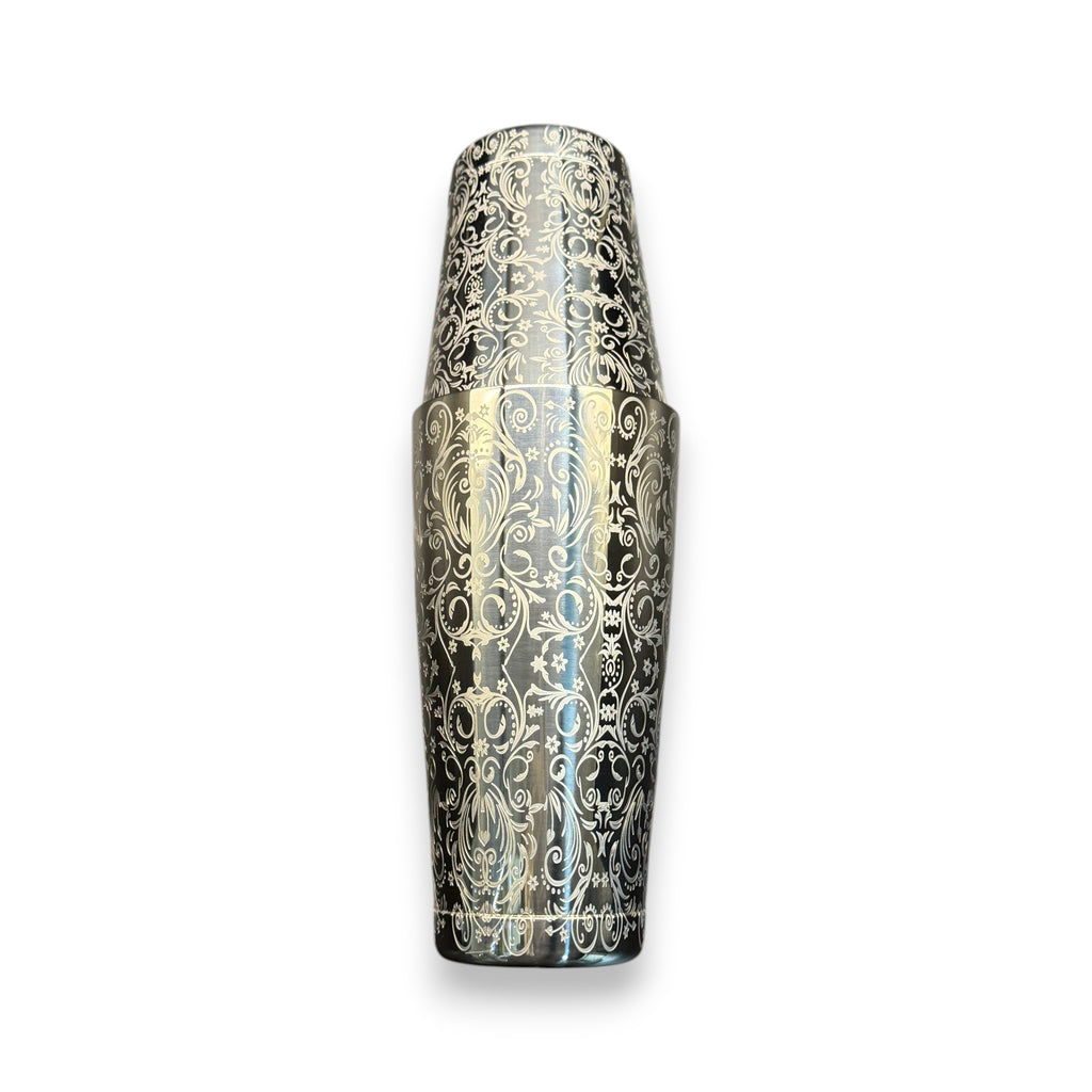 Baroque Bloom Boston Shaker - Professional 18oz & 28oz Ornate Floral Etched Cocktail Shaker(Polished Silver)