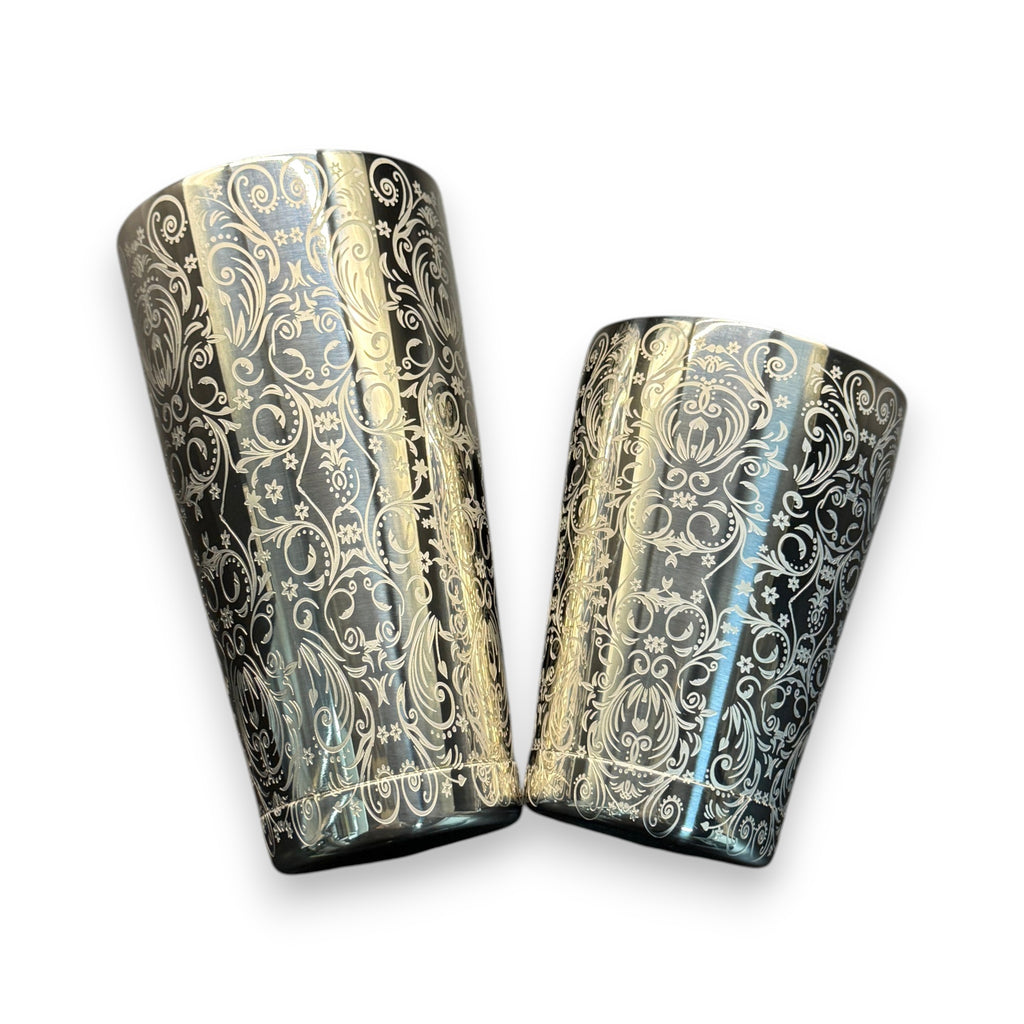 Baroque Bloom Boston Shaker - Professional 18oz & 28oz Ornate Floral Etched Cocktail Shaker(Polished Silver)