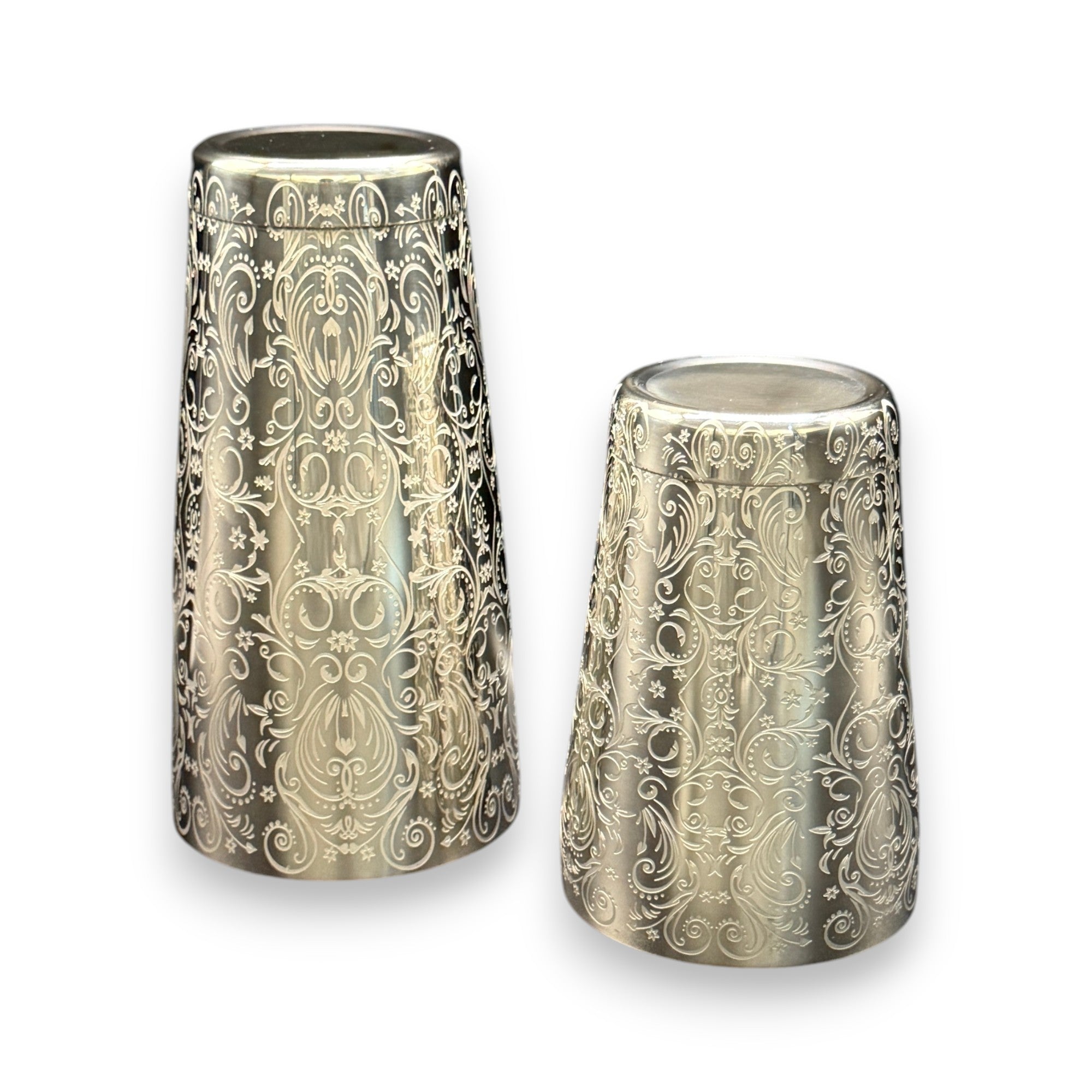 Baroque Bloom Boston Shaker - Professional 18oz & 28oz Ornate Floral Etched Cocktail Shaker(Polished Silver)