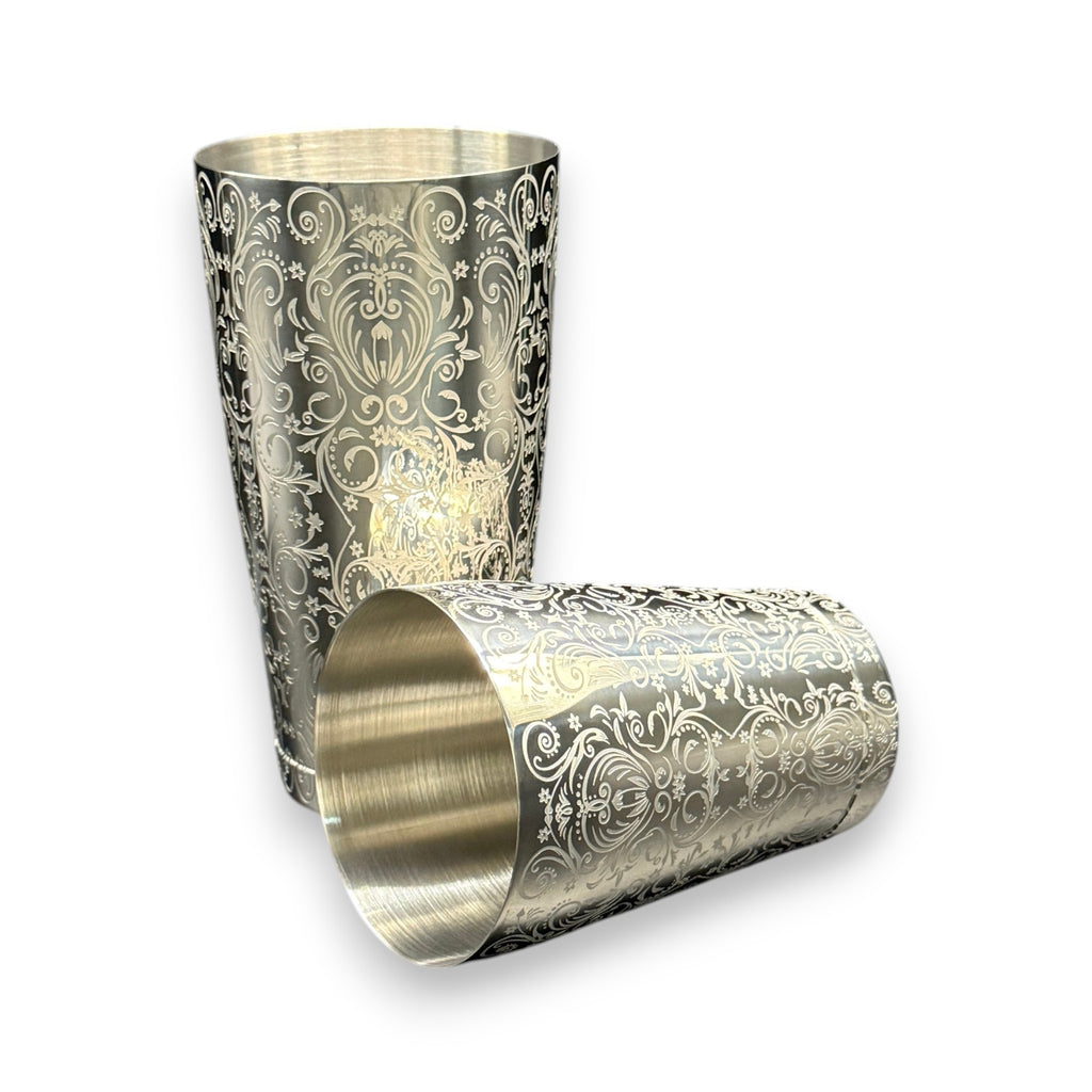 Baroque Bloom Boston Shaker - Professional 18oz & 28oz Ornate Floral Etched Cocktail Shaker(Polished Silver)