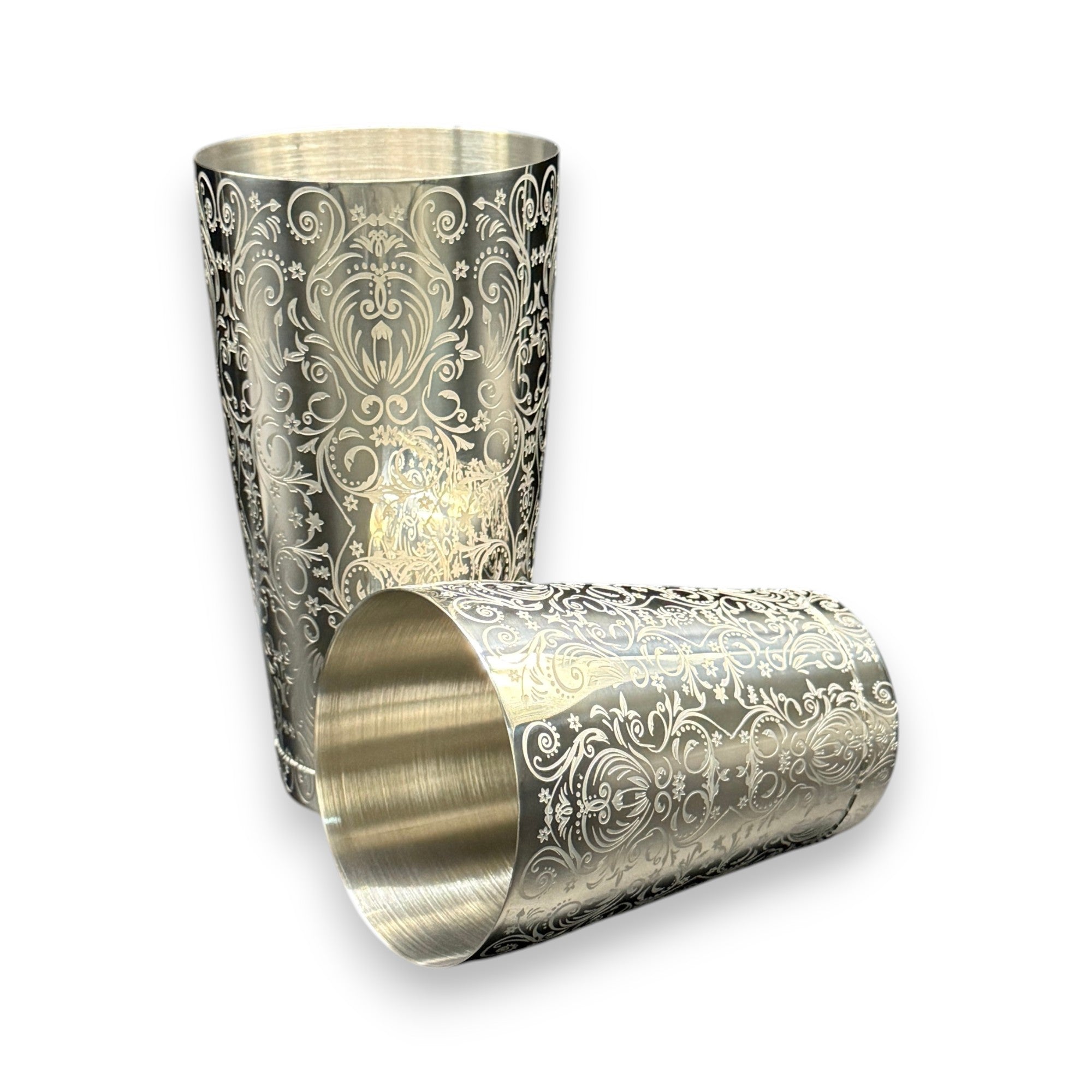 Baroque Bloom Boston Shaker - Professional 18oz & 28oz Ornate Floral Etched Cocktail Shaker(Polished Silver)