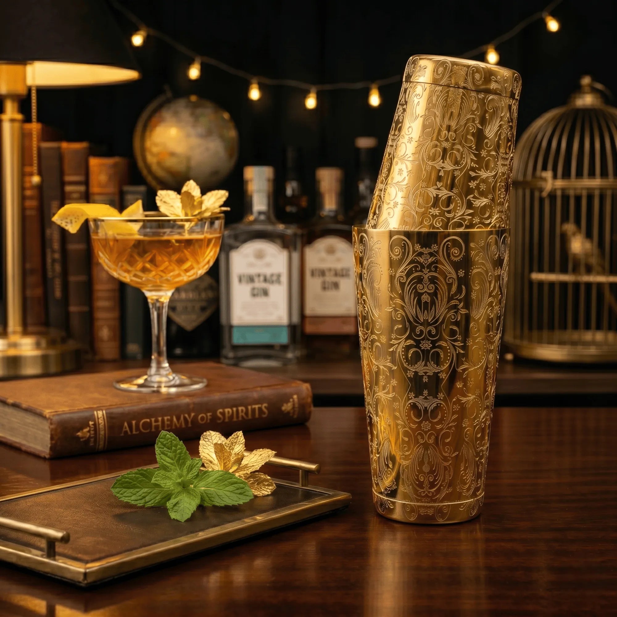 Baroque Bloom Boston Shaker - Professional 18oz & 28oz Ornate Floral Etched Cocktail Shaker(Electroplated Gold)