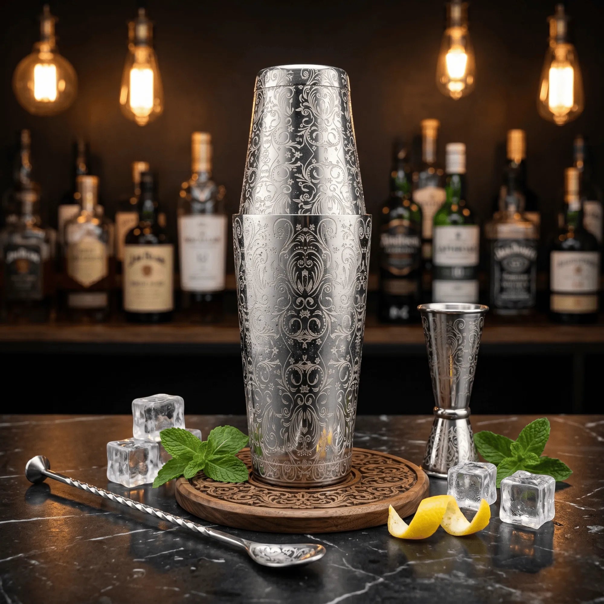 Baroque Bloom Boston Shaker - Professional 18oz & 28oz Ornate Floral Etched Cocktail Shaker(Polished Silver)