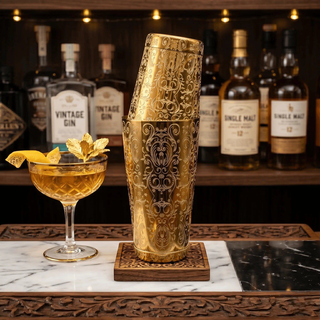Baroque Bloom Boston Shaker - Professional 18oz & 28oz Ornate Floral Etched Cocktail Shaker(Electroplated Gold)
