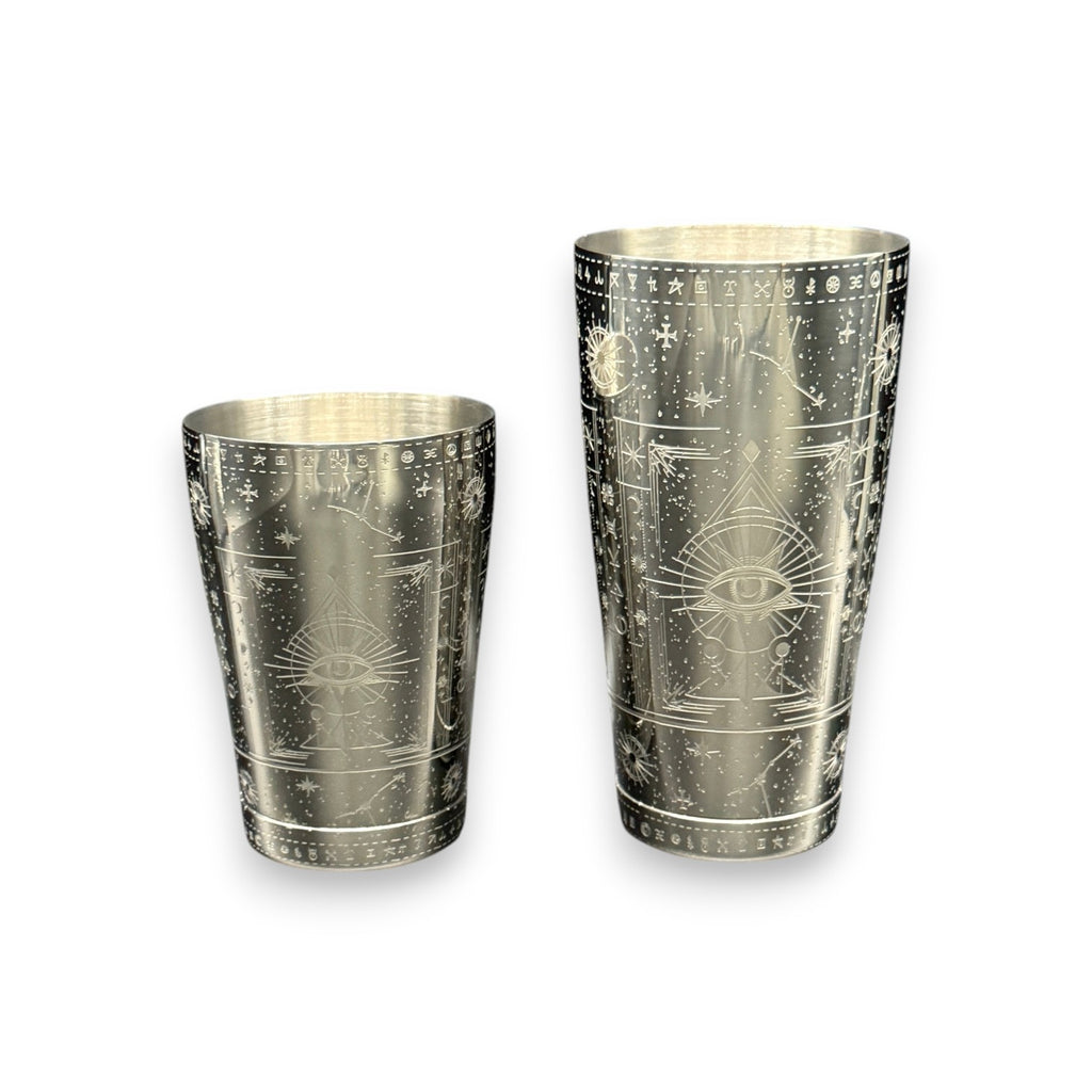 Cosmic Starry Night Boston Shaker- Professional 18oz & 28oz Celestial Map Etched Cocktail Shaker(Polished Silver)