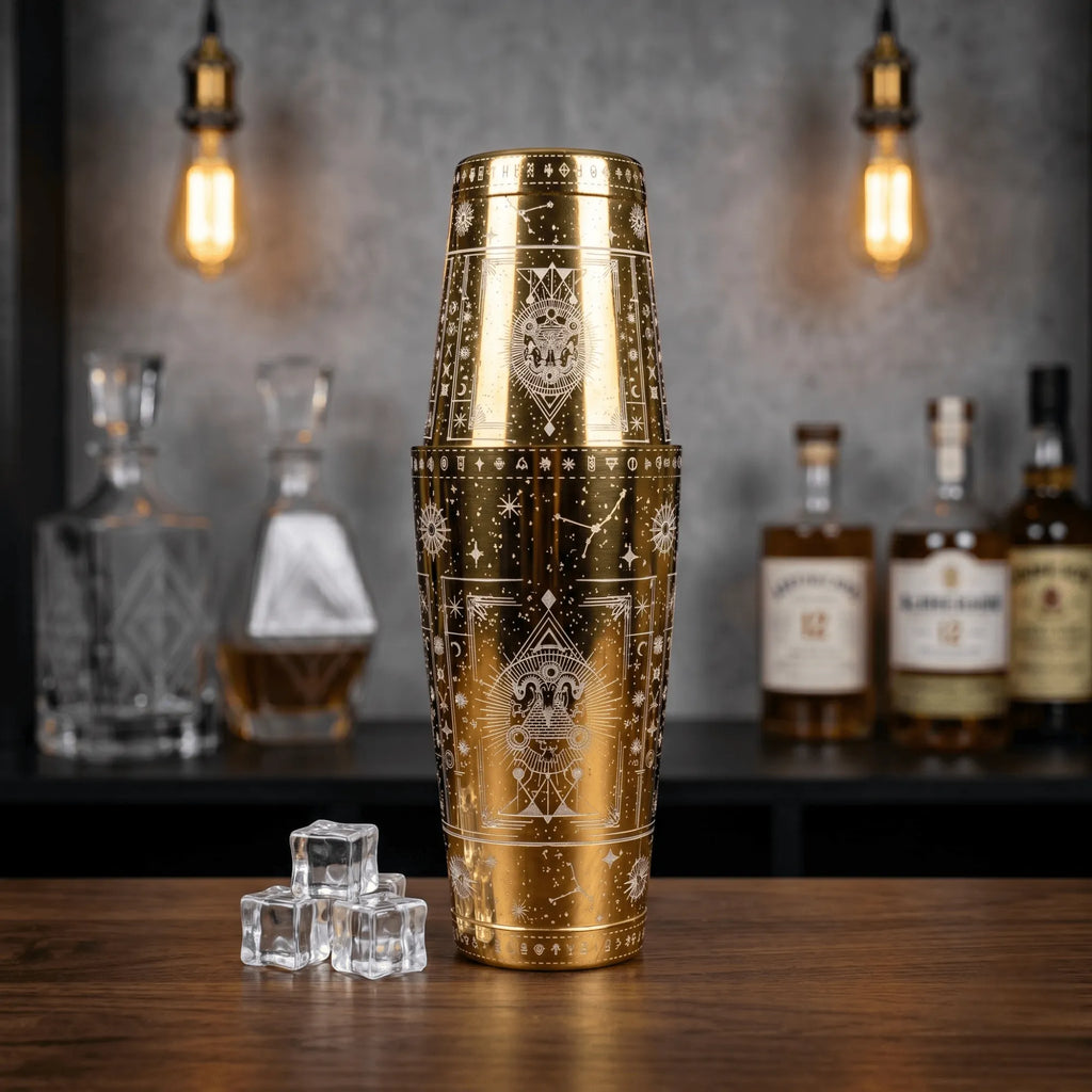 Cosmic Starry Night Boston Shaker- Professional 18oz & 28oz Celestial Map Etched Cocktail Shaker(Electroplated Gold)