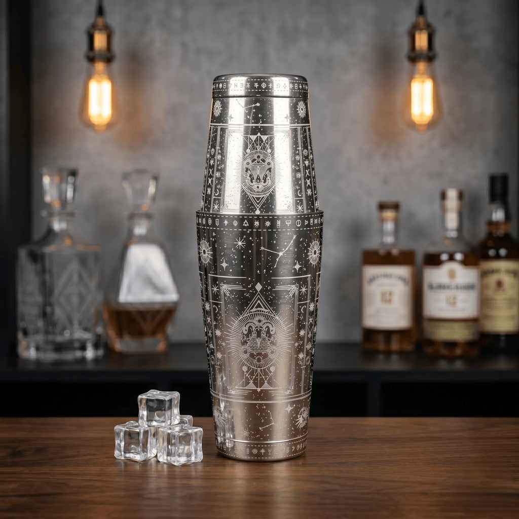 Cosmic Starry Night Boston Shaker- Professional 18oz & 28oz Celestial Map Etched Cocktail Shaker(Polished Silver)