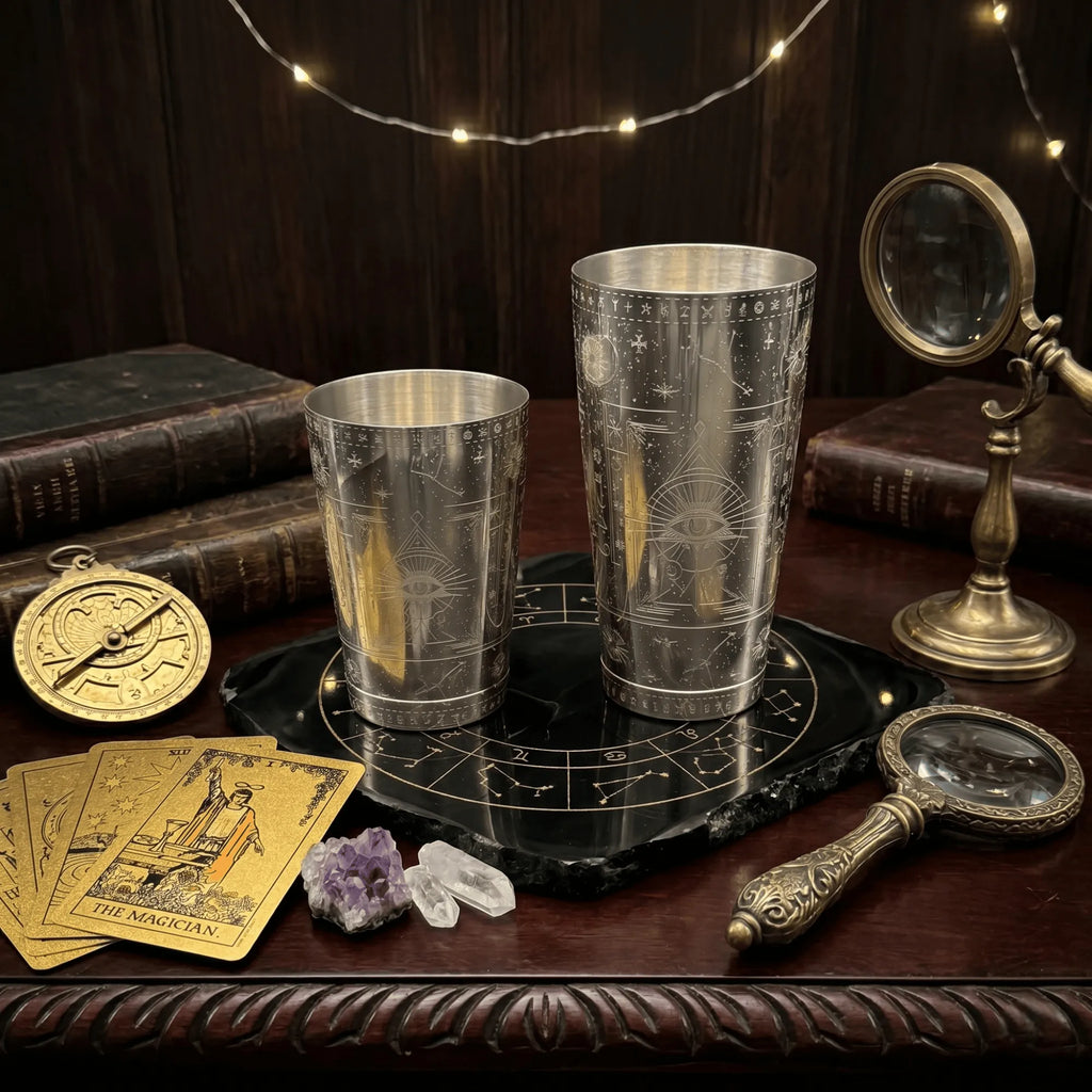 Cosmic Starry Night Boston Shaker- Professional 18oz & 28oz Celestial Map Etched Cocktail Shaker(Polished Silver)