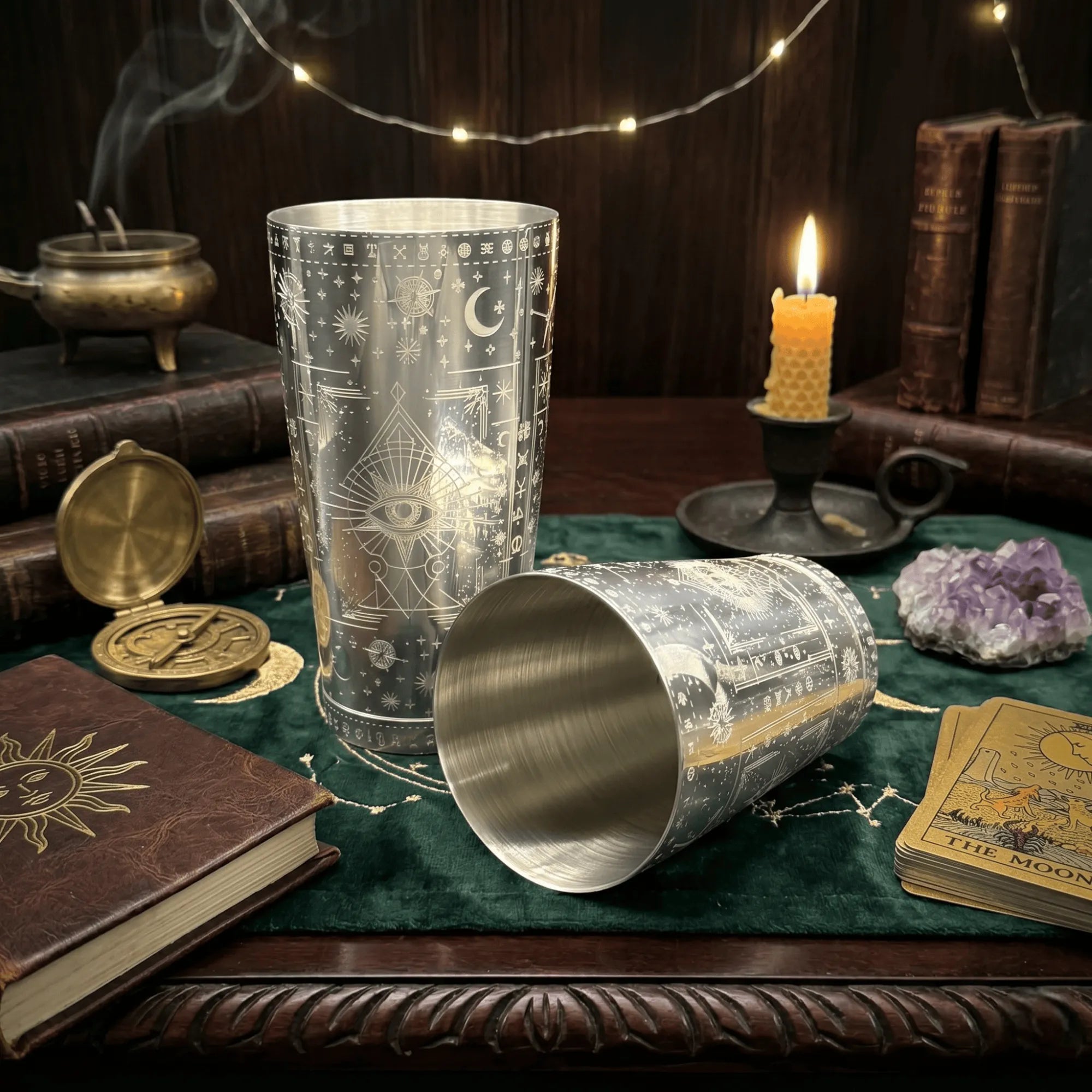Cosmic Starry Night Boston Shaker- Professional 18oz & 28oz Celestial Map Etched Cocktail Shaker(Polished Silver)