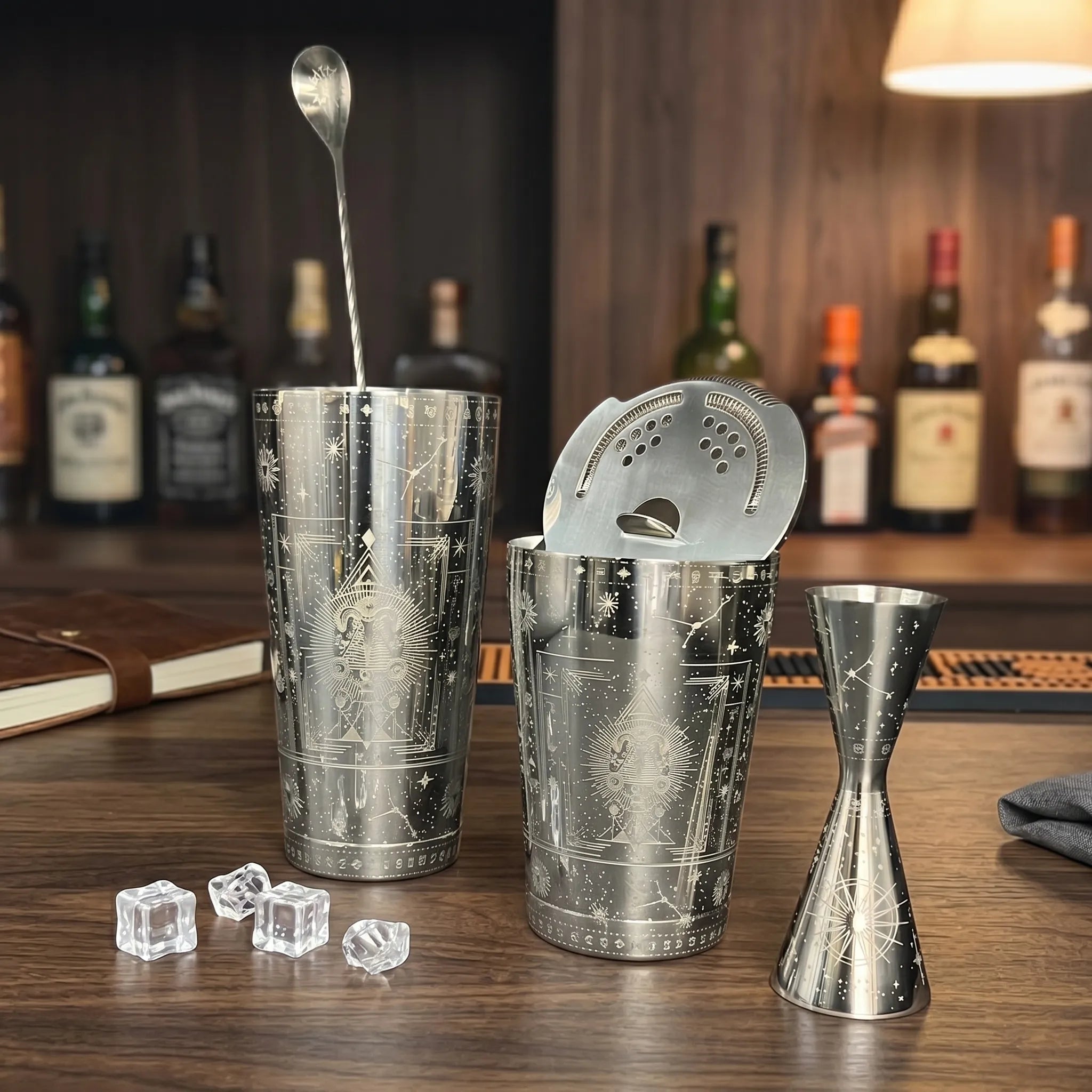 Cosmic Starry Night Boston Shaker- Professional 18oz & 28oz Celestial Map Etched Cocktail Shaker(4 set)