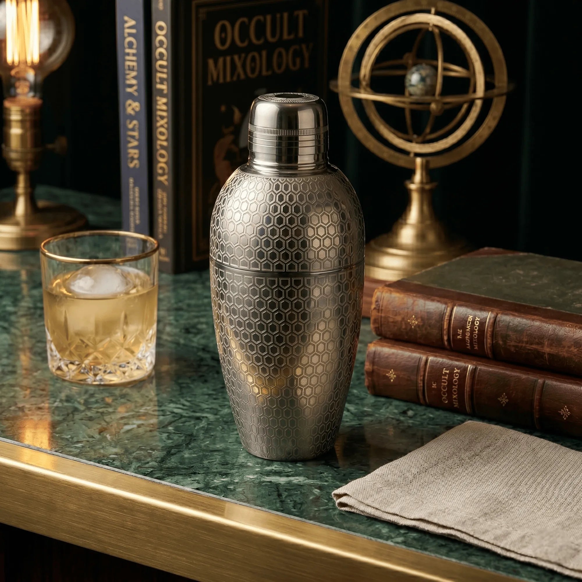 Geometric Hexagon Cobbler Shaker - 500ml Precision Etched Matrix Cocktail Shaker (High-Polish Steel)
