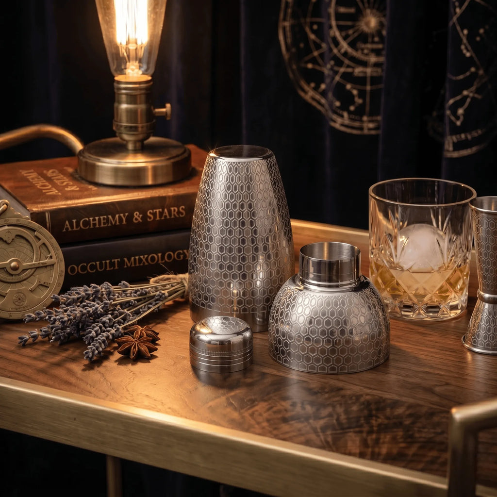 Geometric Hexagon Cobbler Shaker - 500ml Precision Etched Matrix Cocktail Shaker (High-Polish Steel)