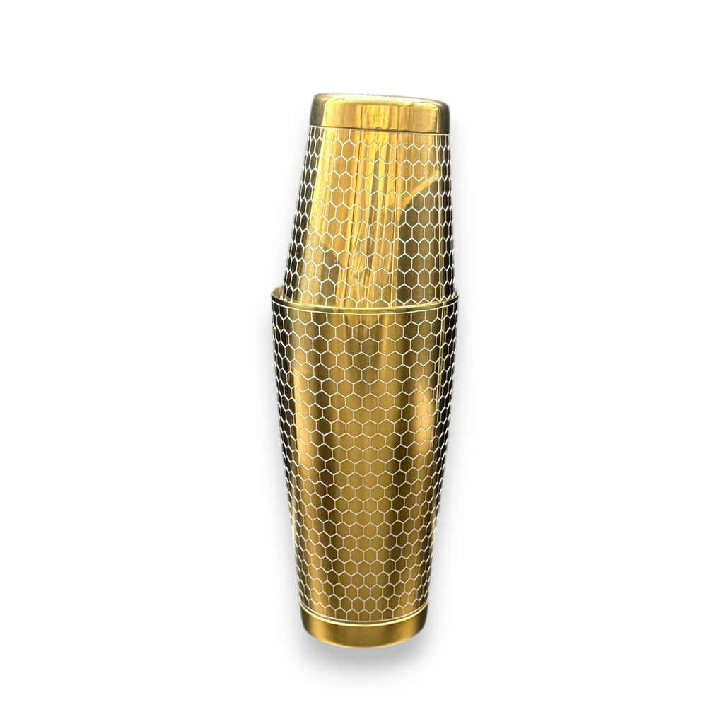 Honeycomb Boston Shaker Set - Professional 18oz & 28oz Geometric Etched Cocktail Shaker (Electroplated Gold)