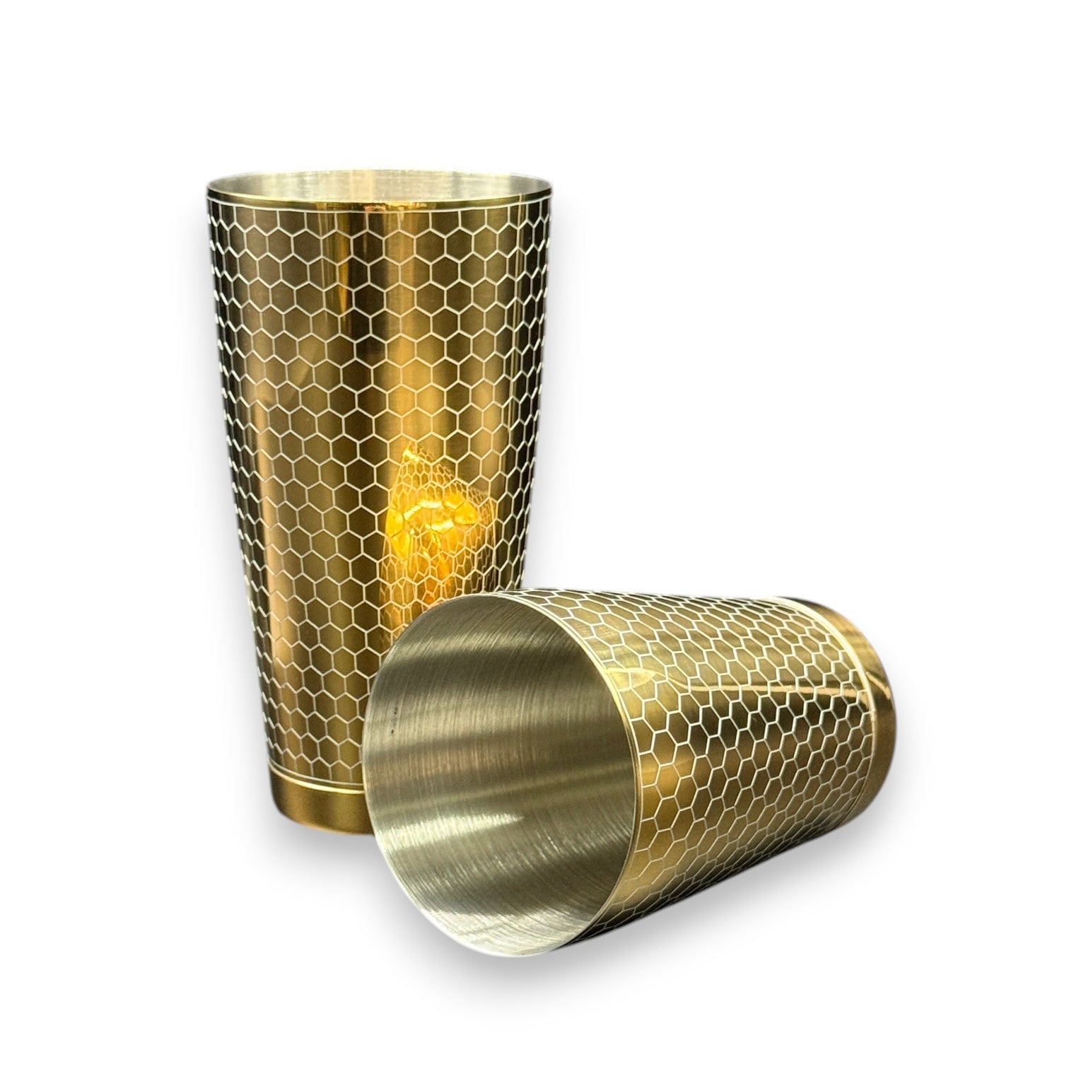 Honeycomb Boston Shaker Set - Professional 18oz & 28oz Geometric Etched Cocktail Shaker (Electroplated Gold)