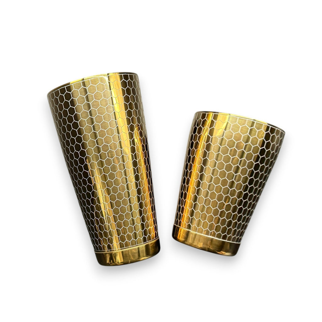 Honeycomb Boston Shaker Set - Professional 18oz & 28oz Geometric Etched Cocktail Shaker (Electroplated Gold)