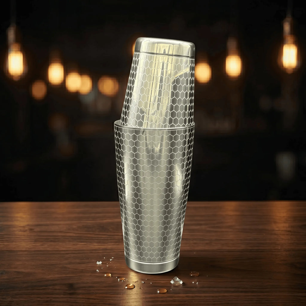 Honeycomb Boston Shaker Set - Professional 18oz & 28oz Geometric Etched Cocktail Shaker(Polished Silver)