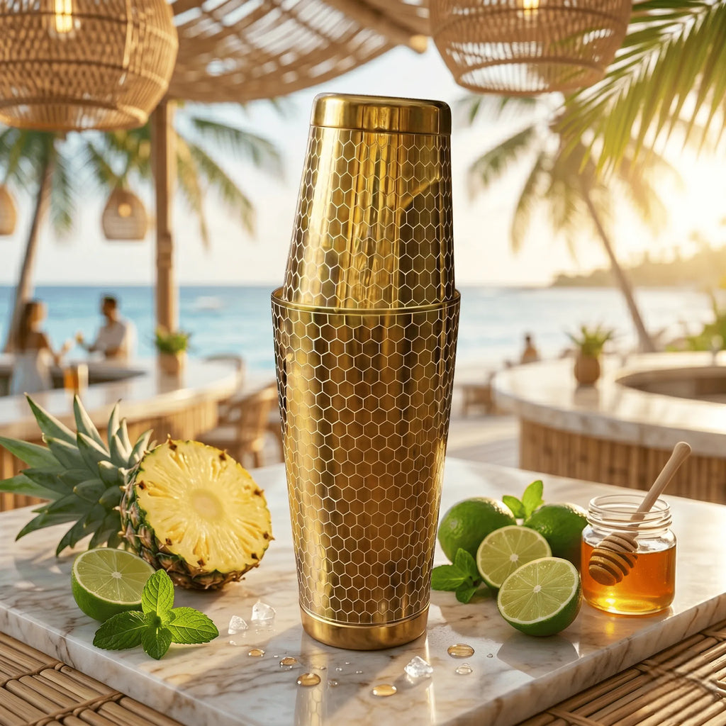 Honeycomb Boston Shaker Set - Professional 18oz & 28oz Geometric Etched Cocktail Shaker (Electroplated Gold)