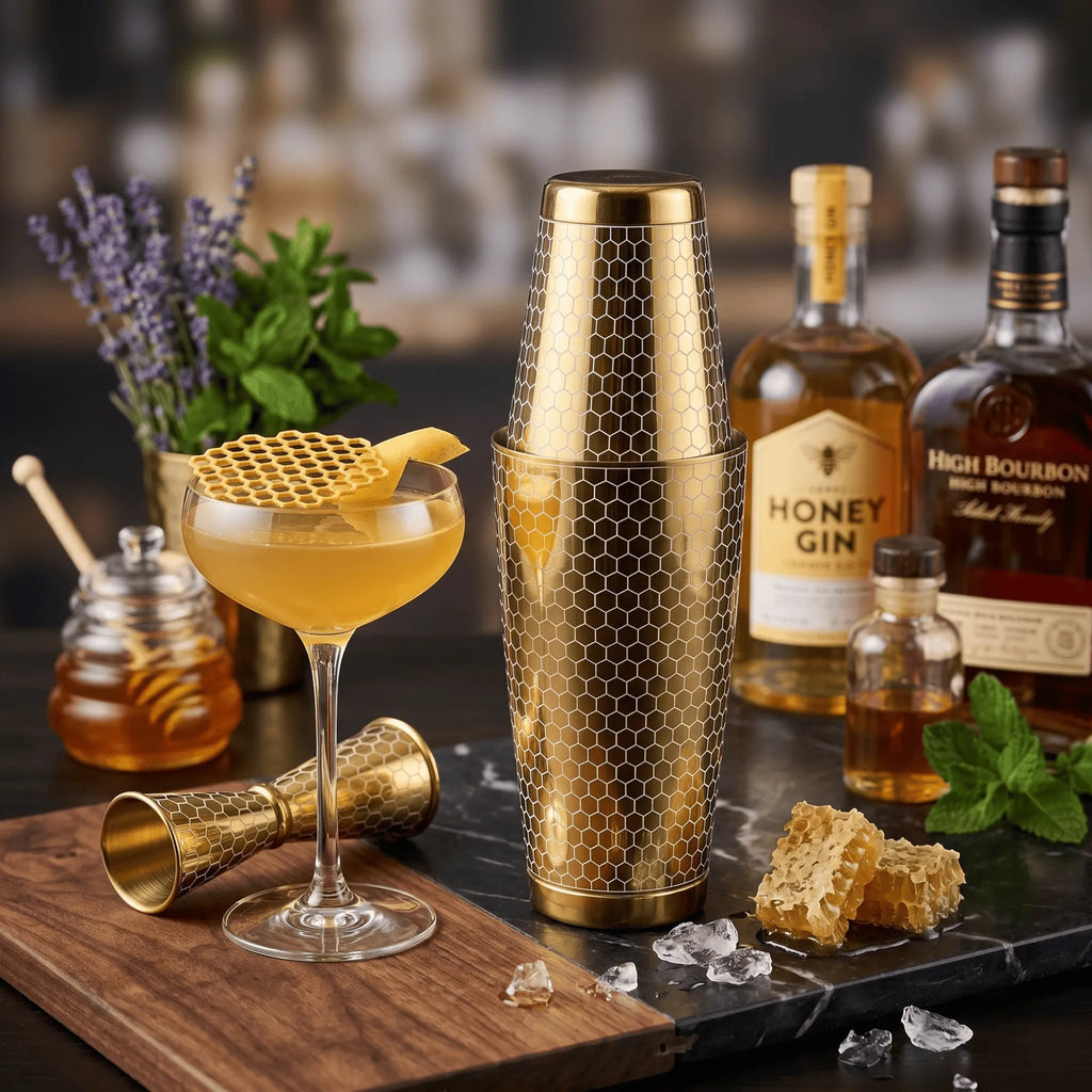 Honeycomb Boston Shaker Set - Professional 18oz & 28oz Geometric Etched Cocktail Shaker (Electroplated Gold)