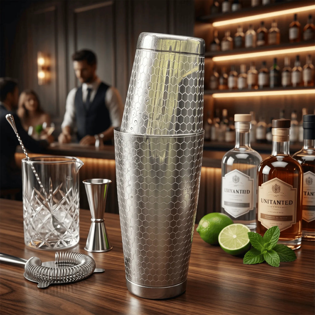 Honeycomb Boston Shaker Set - Professional 18oz & 28oz Geometric Etched Cocktail Shaker(Polished Silver)