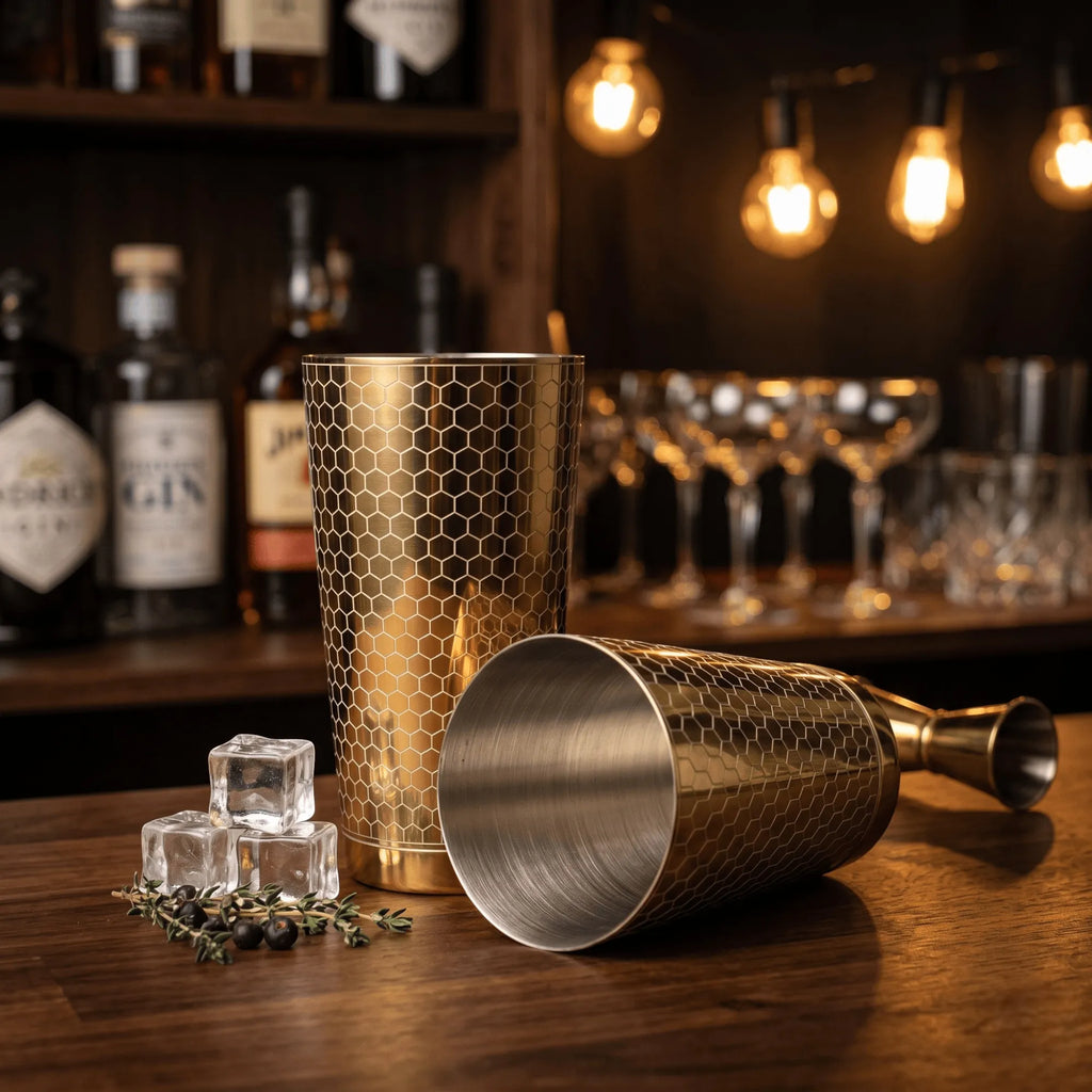 Honeycomb Boston Shaker Set - Professional 18oz & 28oz Geometric Etched Cocktail Shaker (Electroplated Gold)