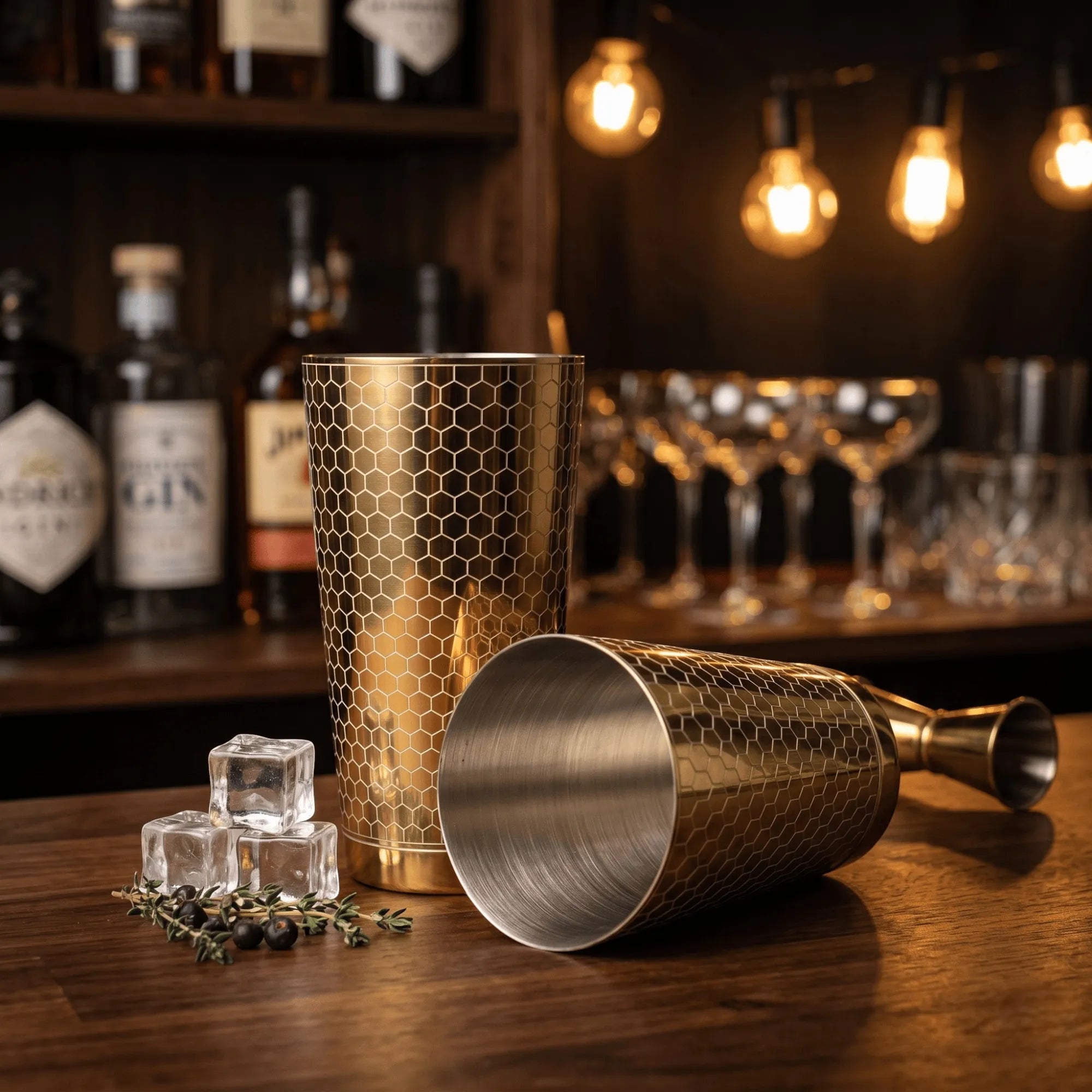 Honeycomb Boston Shaker Set - Professional 18oz & 28oz Geometric Etched Cocktail Shaker (Electroplated Gold)