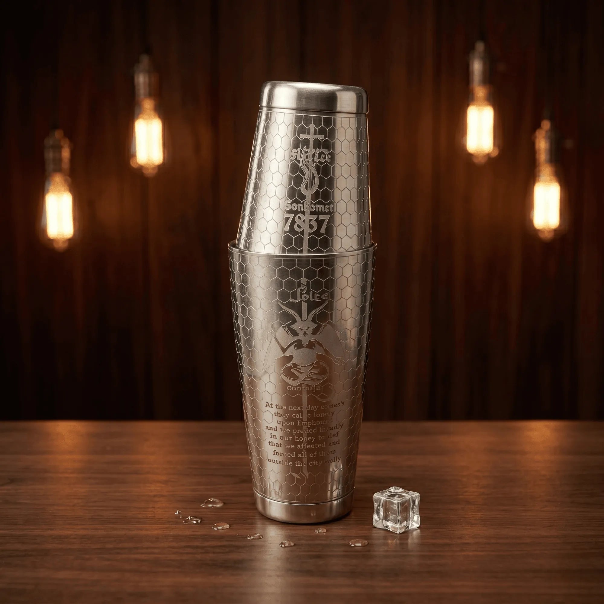 "Alchemy & Art" Subculture Baphomet Boston Shaker - Professional 18oz & 28oz Etched Shaker(Polished Silver)