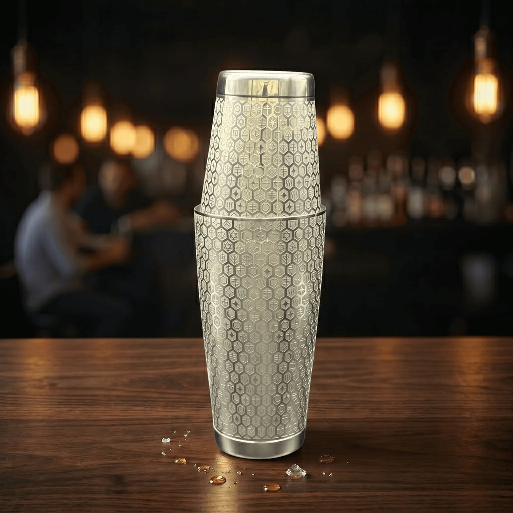 The Alchemical Hexagon Boston Shaker - Professional 18oz & 28oz Rune-Etched Leak-Proof Shaker(Polished Silver)