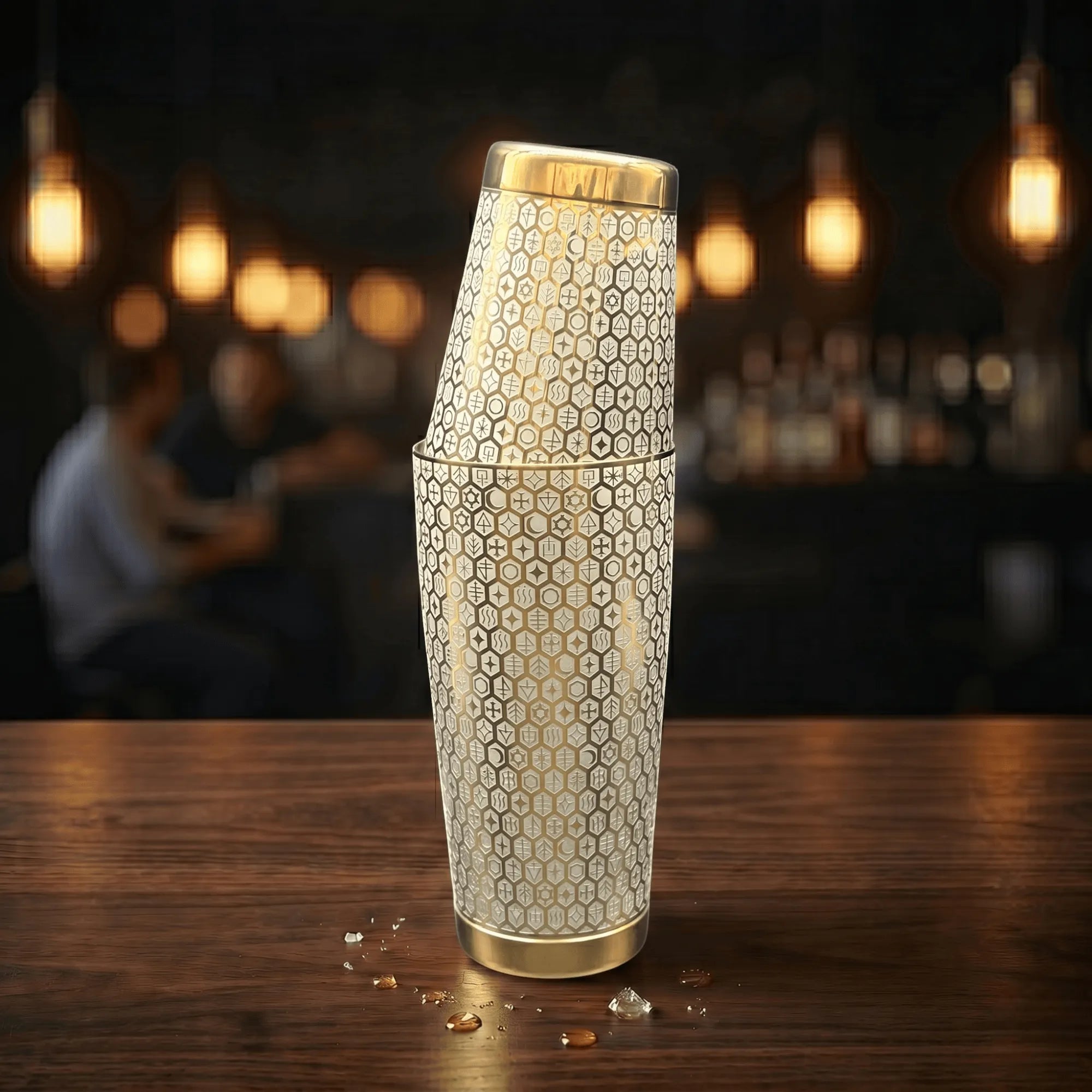 The Alchemical Hexagon Boston Shaker - Professional 18oz & 28oz Rune-Etched Leak-Proof Shaker(Electroplated Gold)