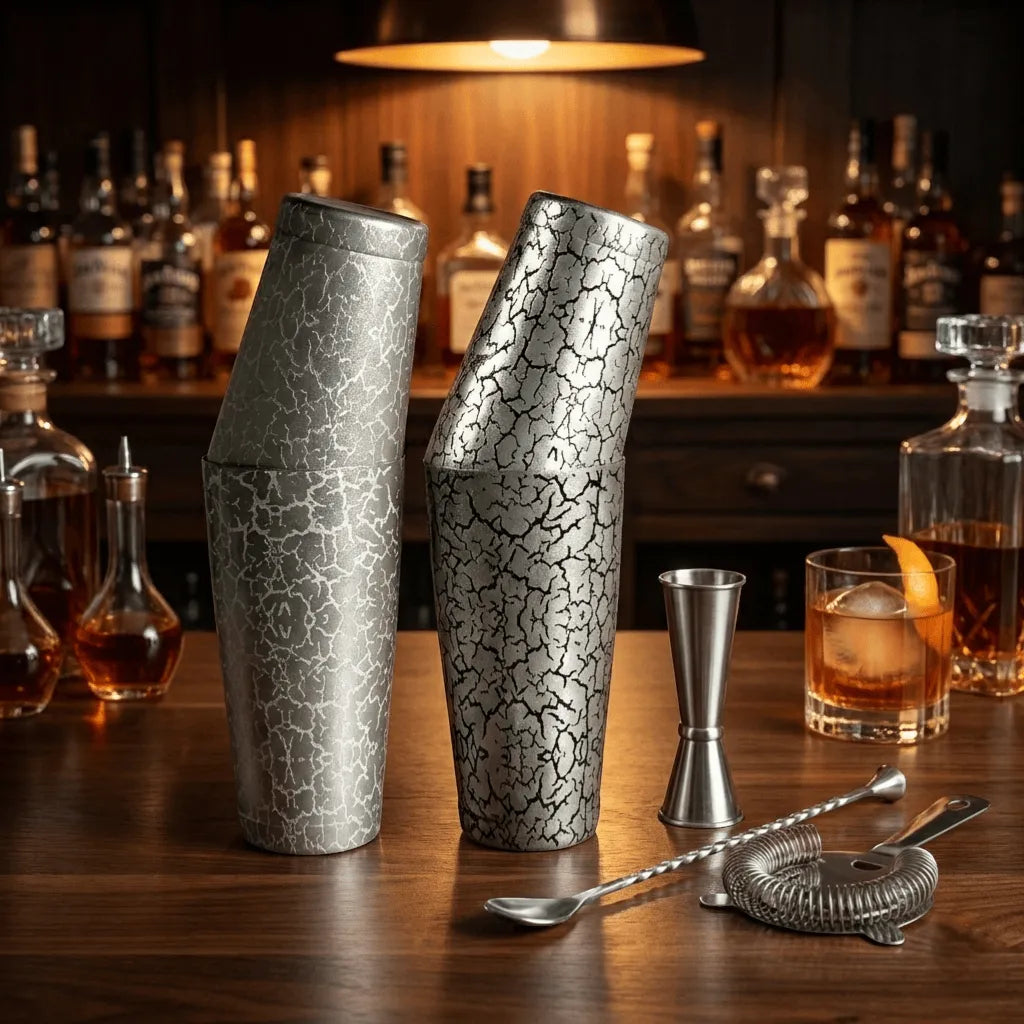 Vintage Ice-Crack Boston Shaker - Professional 18oz & 28oz Weighted Cocktail Shaker (Antique Silver - Infilled)