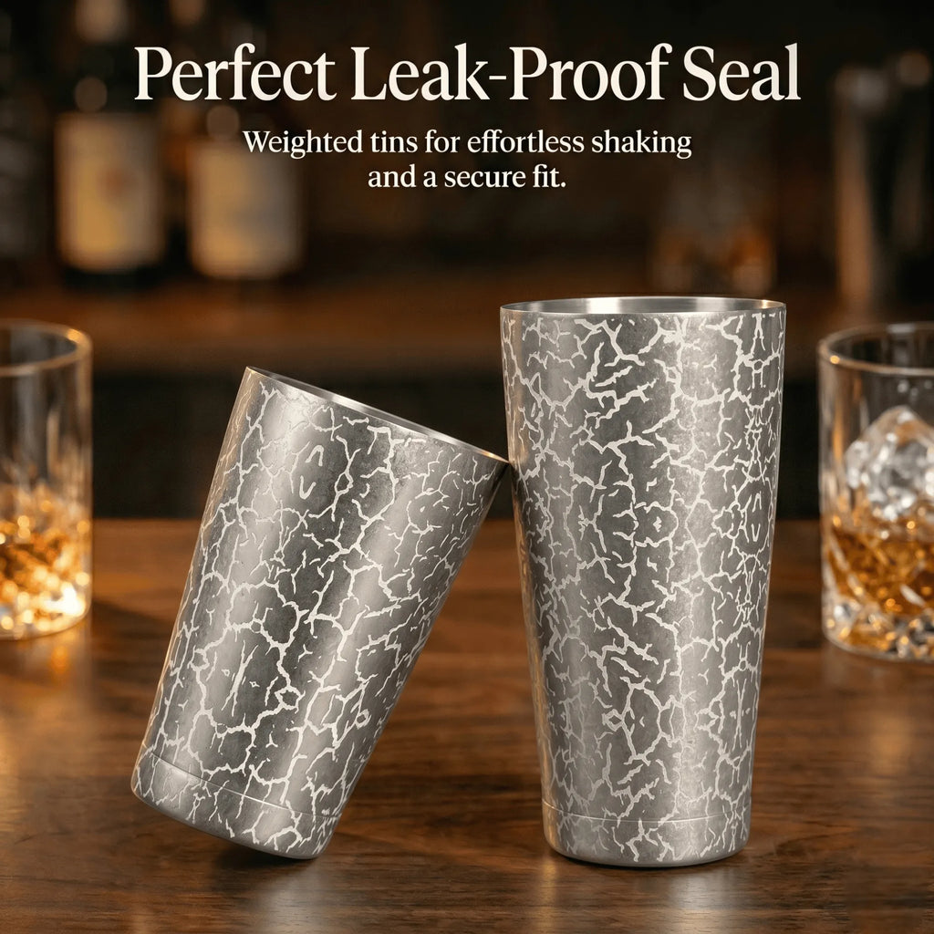 Vintage Ice-Crack Boston Shaker - Professional 18oz & 28oz Weighted Cocktail Shaker (Antique Silver - Minimalist)